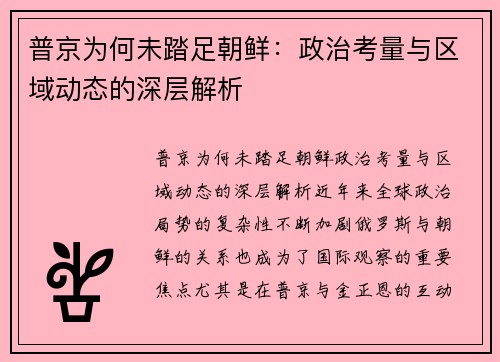 普京为何未踏足朝鲜：政治考量与区域动态的深层解析