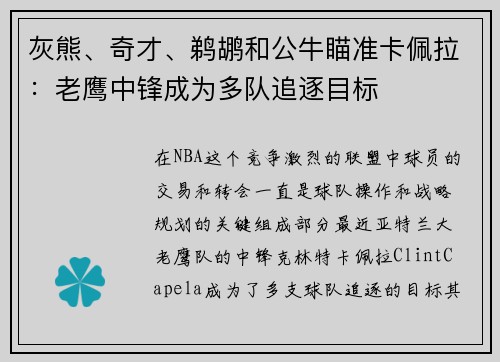 灰熊、奇才、鹈鹕和公牛瞄准卡佩拉：老鹰中锋成为多队追逐目标