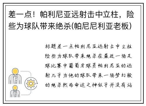 差一点！帕利尼亚远射击中立柱，险些为球队带来绝杀(帕尼尼利亚老板)