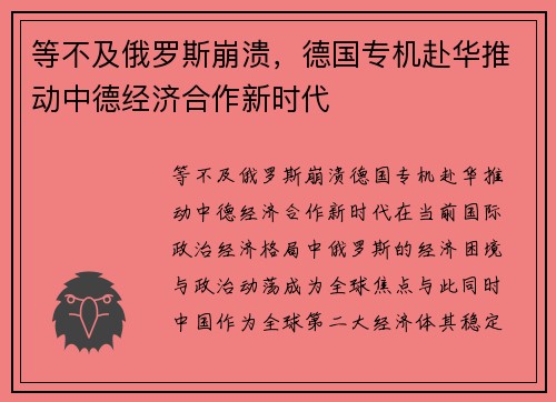 等不及俄罗斯崩溃，德国专机赴华推动中德经济合作新时代