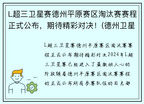 L超三卫星赛德州平原赛区淘汰赛赛程正式公布，期待精彩对决！(德州卫星赛什么意思)
